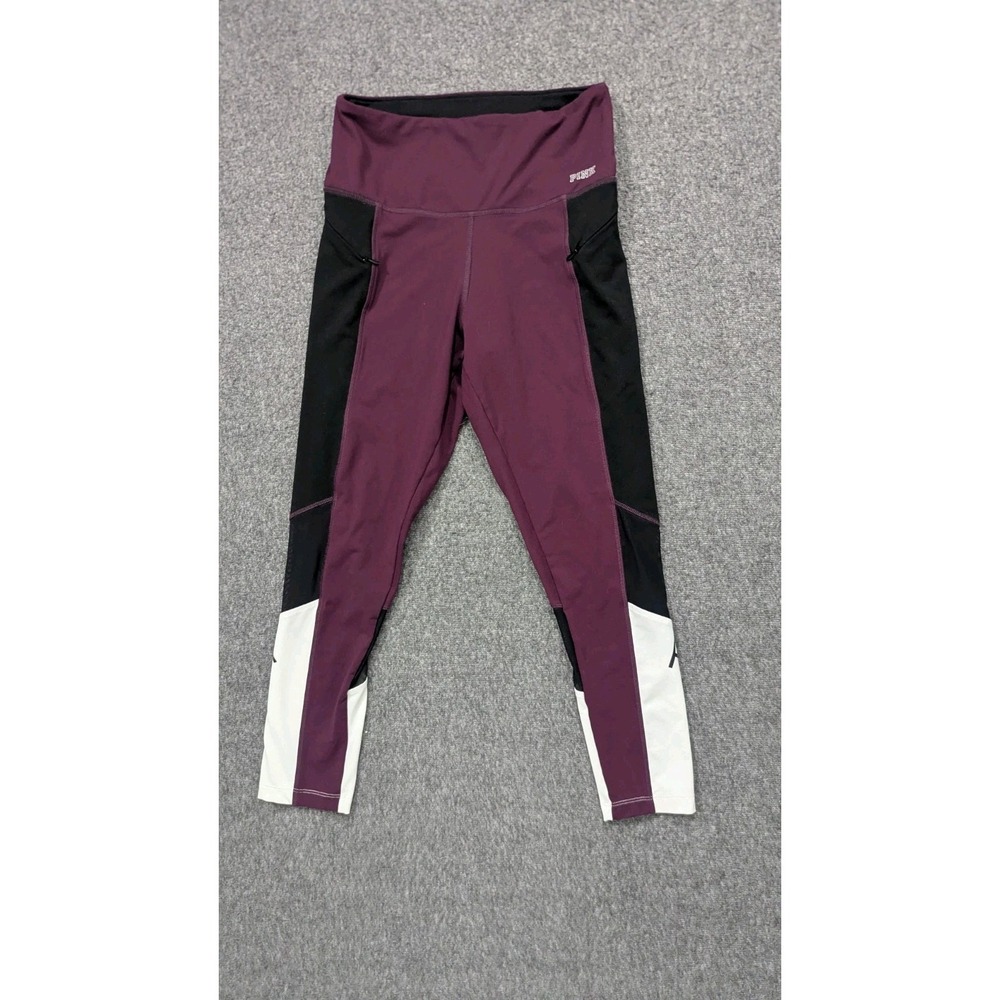 Victoria Secret Pink Leggings Women Medium Maroon High Rise Spellout Lace Cutout - Picture 2 of 15